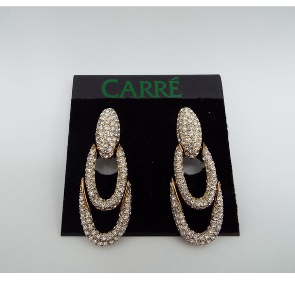 Vintage Carre Dangling Rhinestone Pierced Earrings - Picture 1 of 6